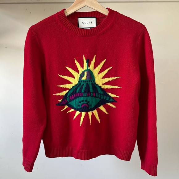 New Gucci 100% wool UFO alien spaceship intarsia knit cropped sweater jumper - Picture 5 of 16